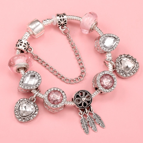 Bohemian Alloy Rhinestone Dreamcatcher Beaded Bracelet Pink Artificial Glass Heart Charm Snake Chain Women Fashion Jewelry Gift