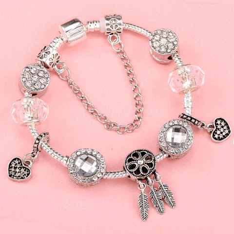 Bracciale Charm in Lega Stile Pandora per Donna Catena a Serpente Placcata in Argento Con Pendente a Cuore Acchiappasogni Perline Strass Gioielli