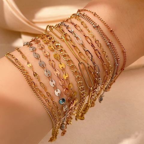 Minimalist Titanium Steel Bracelet Collection For Women Boho Geometric Paperclip Chain Round Disc Link Bracelets Fashion Jewelry