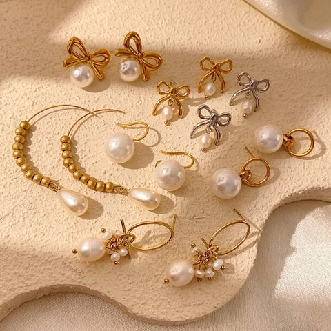 Elegant Titanium Steel Bowknot Tassel Earrings With Artificial Pearl And Rhinestone French Style Elegant Jewelry For Women