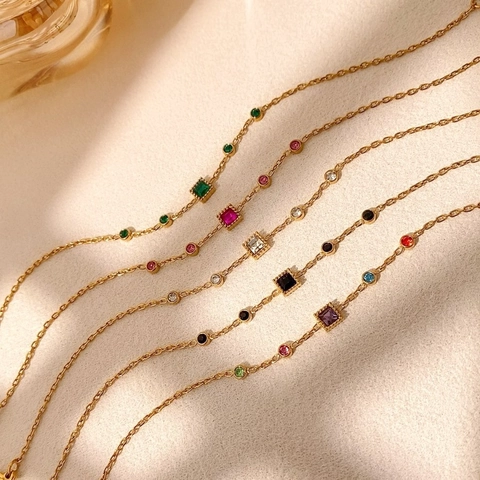 Minimalist Stainless Steel Geometric Bracelet For Women Gold Plated Thin Chain Multi Color Rhinestone Inlaid Fashion Jewelry Gift