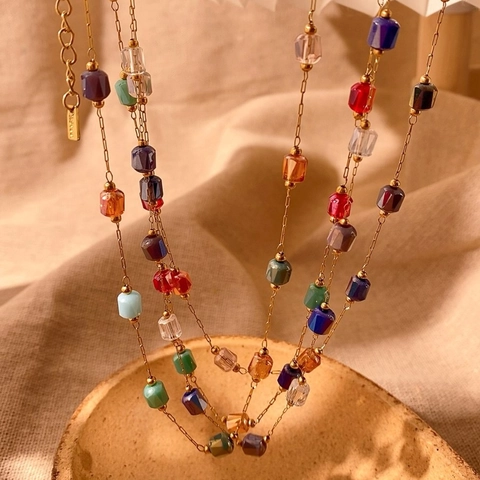 Bohemian Colorful Crystal Beaded Stainless Steel Necklace For Women Gold Silver Plated Iridescent Geometric Pendant Jewelry