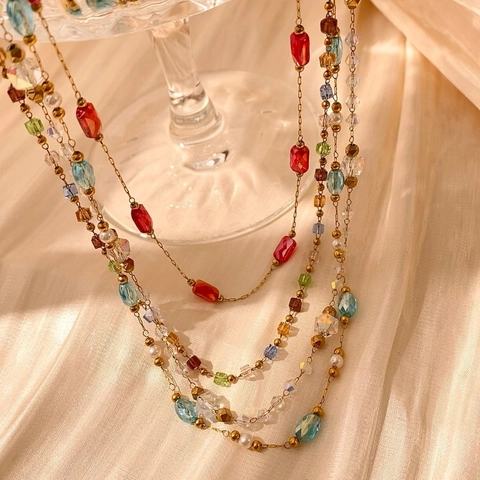 Bohemian Colorful Crystal Beaded Stainless Steel Necklace For Women Gold Silver Plated Iridescent Geometric Pendant Jewelry