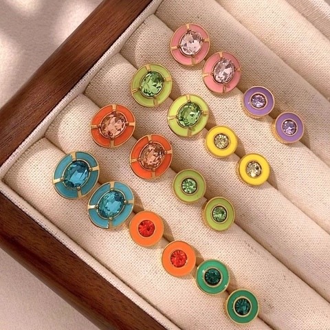 Vintage Stainless Steel Zirconia Stud Earrings Colorful Enamel Geometric Round Oval Earrings For Women Fashion Jewelry