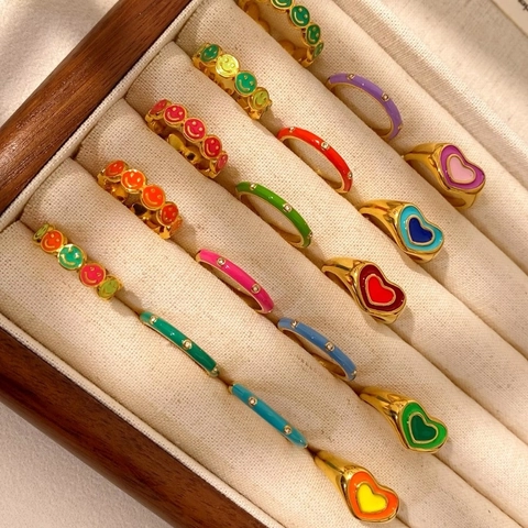 Squisito Anello Regolabile Aperto in Acciaio Inossidabile a Forma di Cuore con Faccia Sorridente Colorata per Donna Gioielli in Smalto