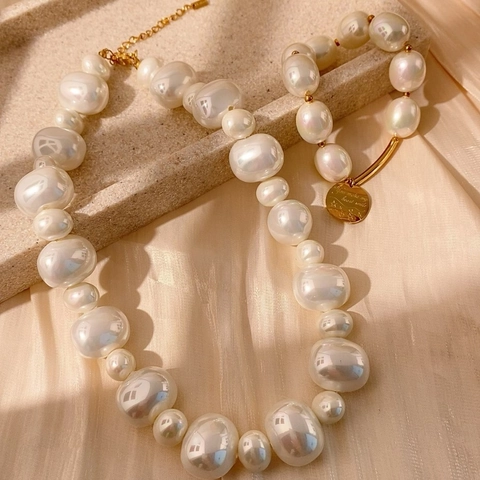 Collar de Perlas Artificiales Naturales Vintage Francés para Mujer Acero de Titanio Chapado en Oro Pulsera de Perlas Barrocas Artificiales Joyería