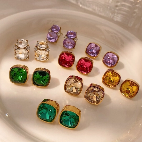 Vintage Titanstahl Zirkonia Ohrhänger Für Damen Vergoldet Geometrische Bunte Quadratische Wassertropfen Stecker Schmuck