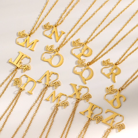 Artistic Stainless Steel Gold Plated 26 Initial Letter Pendant Necklace Floral Leaf Face Silhouette Choker For Women Jewelry