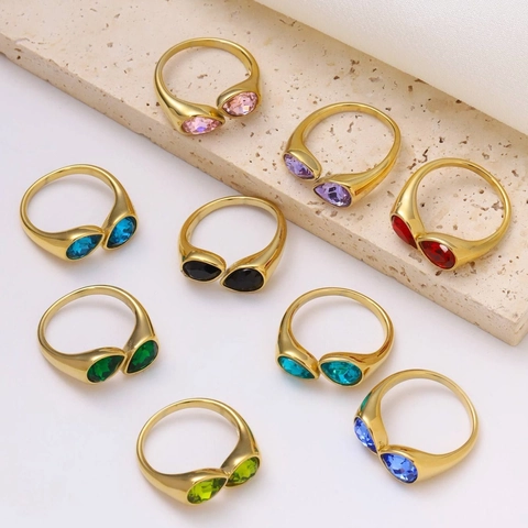 Luxury Stainless Steel Gold Plated Open Ring For Women Double Teardrop Zirconia Bypass Vintage Artistic Fashion Jewelry Finger Ring
