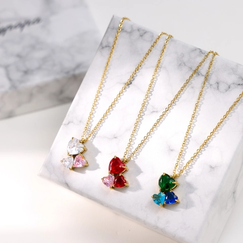 Titanium Steel Heart Bow Pendant Necklace Women Fashion Jewelry Cubic Zirconia Mother Of Artificial Pearl Shell Double Layer Necklace