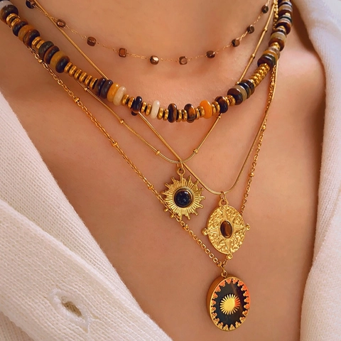 Vintage Roestvrij Staal Tijgeroog Zon Hanger Halsketting Boheems Goud Slangenketting Kompas Ster Sieraden Voor Dames Dagelijks