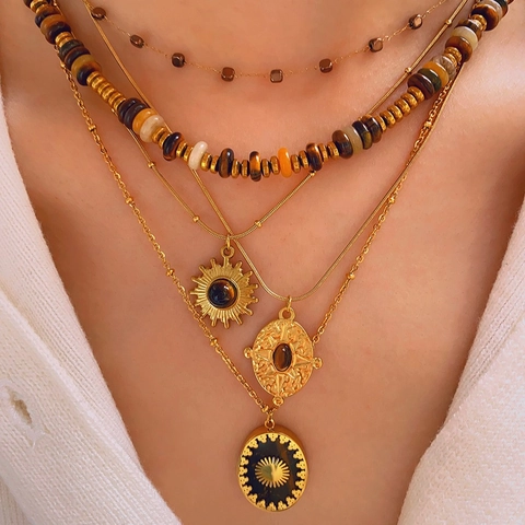 Vintage Roestvrij Staal Tijgeroog Zon Hanger Halsketting Boheems Goud Slangenketting Kompas Ster Sieraden Voor Dames Dagelijks