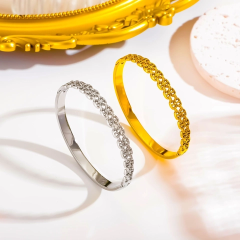 Vintage Stainless Steel Irregular Bangle Bracelet For Women Geometric H-Link Anchor Chain Snake Scale Diamond Cut Hammered Bangle Jewelry Gift