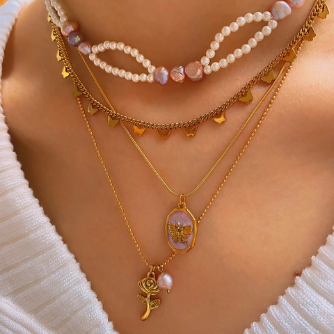 Vintage Layered Stainless Steel Necklace Set With Faux Artificial Pearl Rose Flower Butterfly Enamel Pendant For Women Fashion Jewelry
