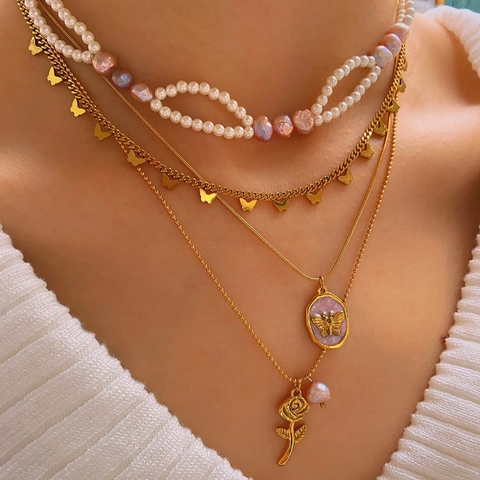 Vintage Layered Stainless Steel Necklace Set With Faux Artificial Pearl Rose Flower Butterfly Enamel Pendant For Women Fashion Jewelry
