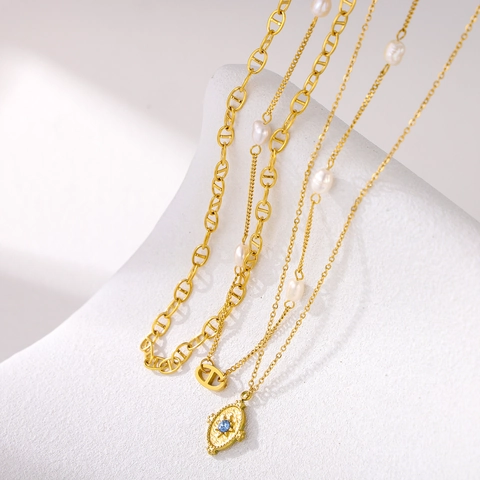Titanium Steel Layered Necklace Set Gold Plated Artificial Pearl Pig Nose Chain Oval Coin Pendant Blue Rhinestone Jewelry