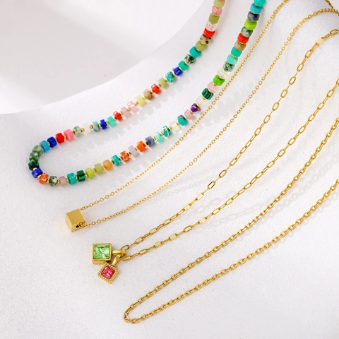 Collana di Perline Arcobaleno Vintage in Acciaio al Titanio Dopamina per Donna Pendente Quadrato Geometrico Strass Gioielli Placcati Oro