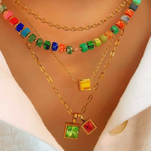 Collana di Perline Arcobaleno Vintage in Acciaio al Titanio Dopamina per Donna Pendente Quadrato Geometrico Strass Gioielli Placcati Oro