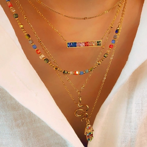 Collana Vintage in Acciaio Inossidabile con Pendente a Rosa per Donna Stile Giapponese Coreano Stratificata Perle Artificiali Strass Hamsa Serpente