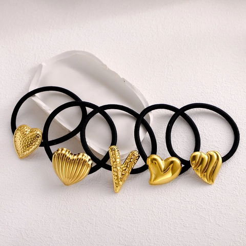 Simple Fashion Gold Heart Charm Hair Scrunchies Stainless Steel Black Elastic Hair Tie For Women Daily Hair Accessories