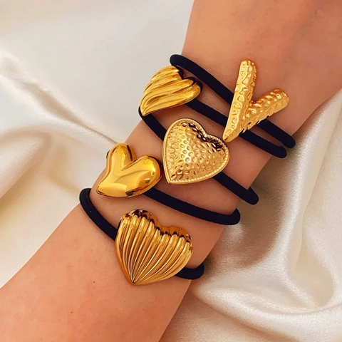Simple Fashion Gold Heart Charm Hair Scrunchies Stainless Steel Black Elastic Hair Tie For Women Daily Hair Accessories