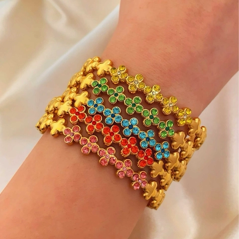 Mode Titaniumstaal Klavertje Vier Armring Voor Dames Goud Verguld Gekleurde Strass Bloem Armband Sieraden Cadeau