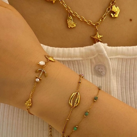 Collana Braccialetto in Acciaio al Titanio Oro Tema Marino Oceano Con Ciondolo Stella Marina Conchiglia Balena Gioielli Donna