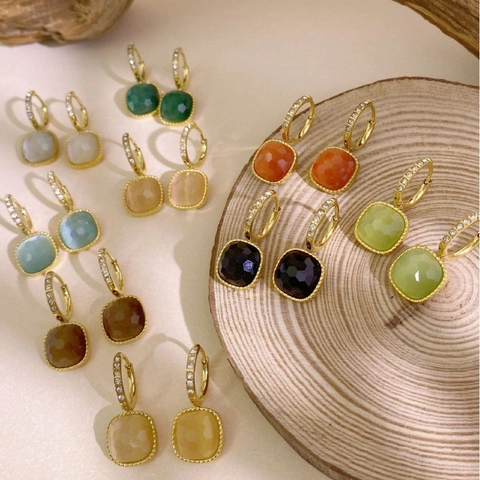 European Fashion Clear Square Gemstone Drop Earrings For Women Titanium Steel Gold Plated Pave Rhinestone Hoop Earrings