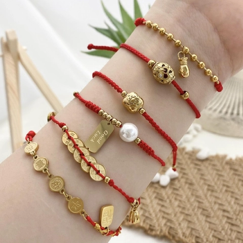 Chinesischer Stil Rote Geflochtene Seil Armband Für Damen Herren Titanstahl Glücksbringer Künstliche Perle Verstellbar Schmuck