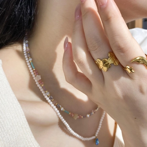 French Vintage Stainless Steel Jewelry Set For Women Gold Plated Sunflower Star Moon Open Rings Ladybug Stud Earrings Beaded Artificial Pearl Necklace