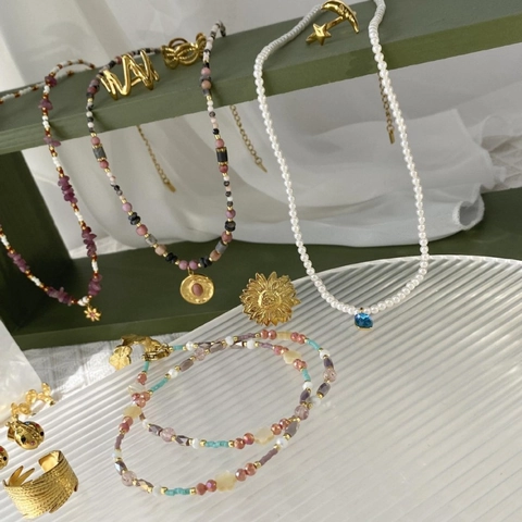 French Vintage Stainless Steel Jewelry Set For Women Gold Plated Sunflower Star Moon Open Rings Ladybug Stud Earrings Beaded Artificial Pearl Necklace