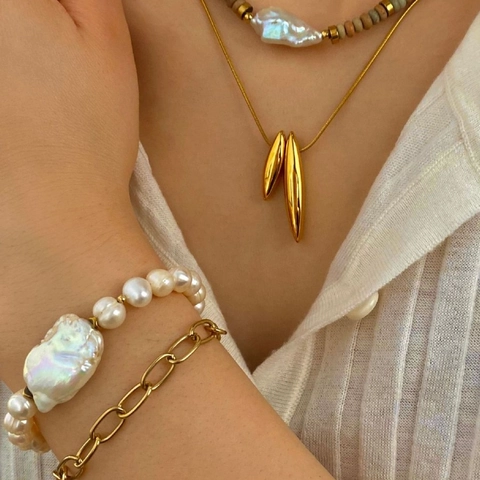 Collana in Acciaio al Titanio con Perla Barocca d'Acqua Dolce Placcata Oro Bracciale Boho con Pietre Naturali Orecchini Foglia Gioielli
