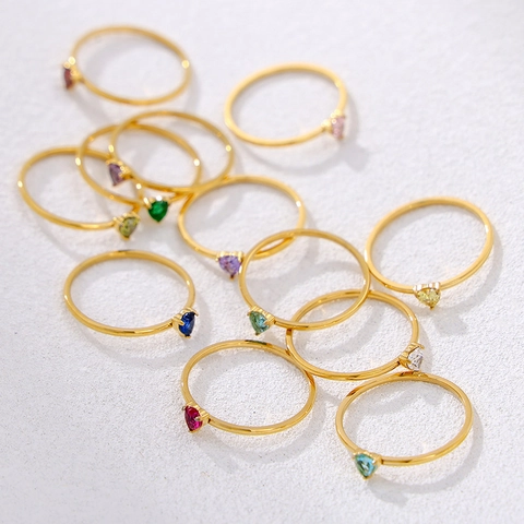 Titanium Steel Heart Shaped Birthstone Ring For Women 18K Gold Plated Rhinestone Inlaid Minimalist Thin Band Finger Ring Jewelry