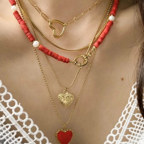 Collana con Pendente a Cuore in Acciaio al Titanio Collana Retrò con Perline e Perle Artificiali Gioielli d'Oro per Donna Catena a Strati
