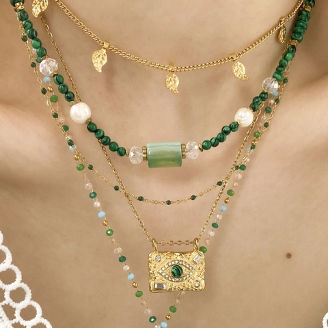 Collana in Acciaio al Titanio Malaquite Perla Artificial Imitazione Boho Donna Vintage Malocchio Foglia Sole Pendente Gioielli