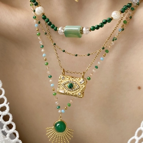 Collana in Acciaio al Titanio Malaquite Perla Artificial Imitazione Boho Donna Vintage Malocchio Foglia Sole Pendente Gioielli