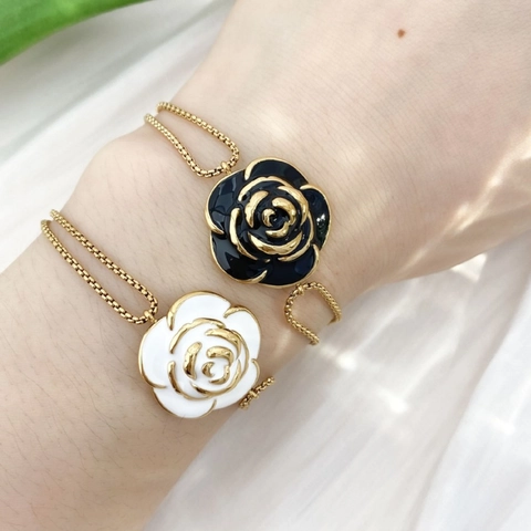 Vintage Kamelien Emaille Blumen Armband Damen Eleganter Edelstahl Vergoldeter Kleeblatt Sonnenblumen Schmuck Zubehör