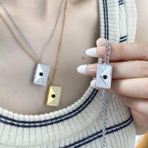 Minimalist Stainless Steel Envelope Necklace Rhinestone Pendant Link Chain Fashion Jewelry For Women Commuter Accessory