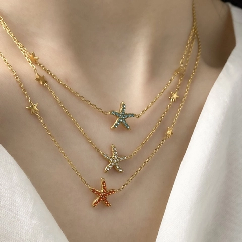 Titanium Steel Gold Starfish Pendant Necklace Bracelet Rhinestone Inlaid Star Charm Jewelry For Women Beach Holiday Jewelry