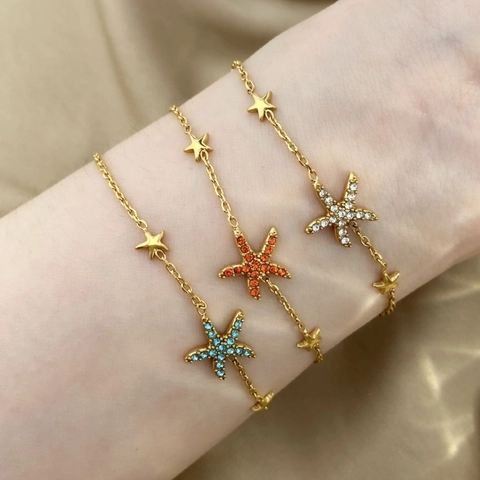 Titanium Steel Gold Starfish Pendant Necklace Bracelet Rhinestone Inlaid Star Charm Jewelry For Women Beach Holiday Jewelry