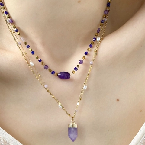 Titanium Steel Double Layer Necklace Amethyst Stone Pendant Rhinestone Hamsa Hand Artificial Pearl Beaded Women Jewelry