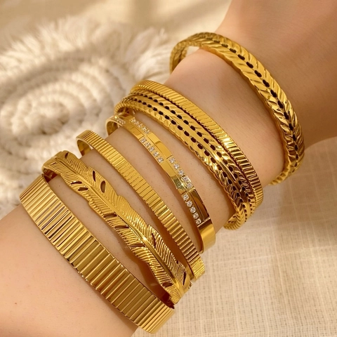 Vintage Gold Plated Stainless Steel Open Cuff Bracelet For Women Feather Ribbed Braided Geometric Adjustable Jewelry Gift