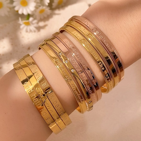 Bracciale Rigido in Acciaio al Titanio Minimalista per Donna Elegante Oro Rosa Placcato Oro Strass Inciso Bracciale Ispiratore Gioielli Regalo