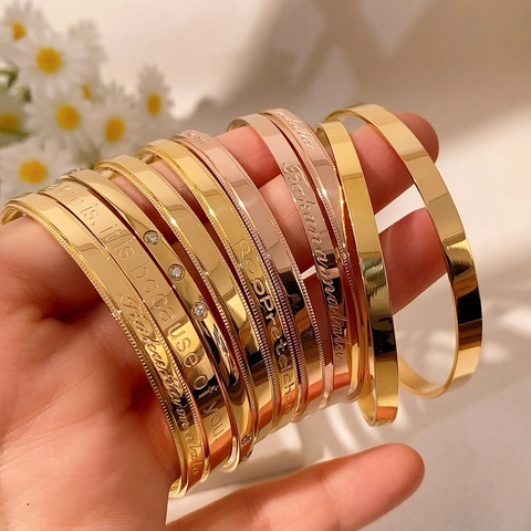 Bracciale Rigido in Acciaio al Titanio Minimalista per Donna Elegante Oro Rosa Placcato Oro Strass Inciso Bracciale Ispiratore Gioielli Regalo