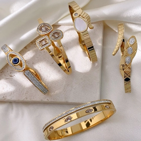 Titanium Steel Gold Plated Evil Eye Snake Opening Bangle Bracelet For Women Fashion Rhinestone Geometric Bangle Jewelry