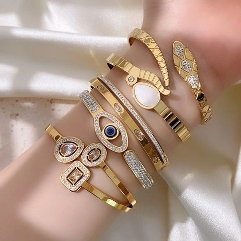 Titanium Steel Gold Plated Evil Eye Snake Opening Bangle Bracelet For Women Fashion Rhinestone Geometric Bangle Jewelry