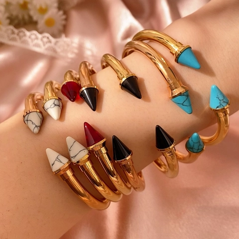 Bracciale Rigido Aperto con Punte in Acciaio Inossidabile Stile Punk Placcato Oro Rosa Marmo Turchese Cerniera per Donna