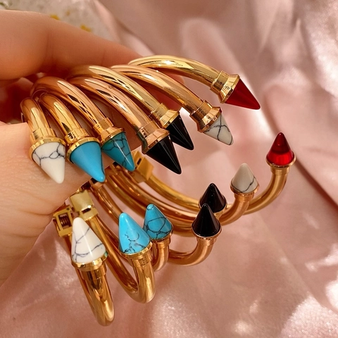 Bracciale Rigido Aperto con Punte in Acciaio Inossidabile Stile Punk Placcato Oro Rosa Marmo Turchese Cerniera per Donna