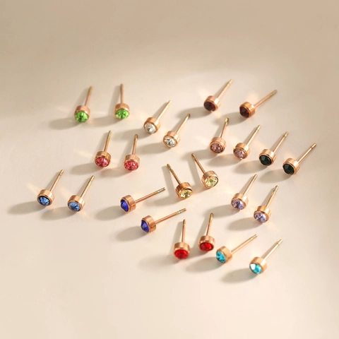 Boucles d'Oreilles Puces Rondes en Acier Titane Minimalistes Plaqué Or Rose Zircone Coloré Bijoux Délicats Pour Femmes Quotidien