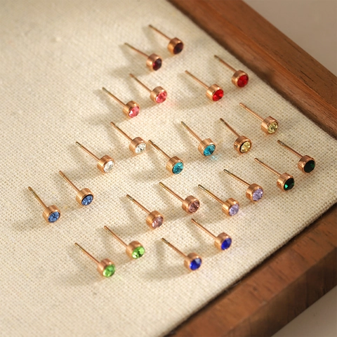 Boucles d'Oreilles Puces Rondes en Acier Titane Minimalistes Plaqué Or Rose Zircone Coloré Bijoux Délicats Pour Femmes Quotidien